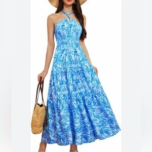 Grace Karin Blue Leaf Print Halter Maxi Dress With Smocked Bodice, NWT, XL